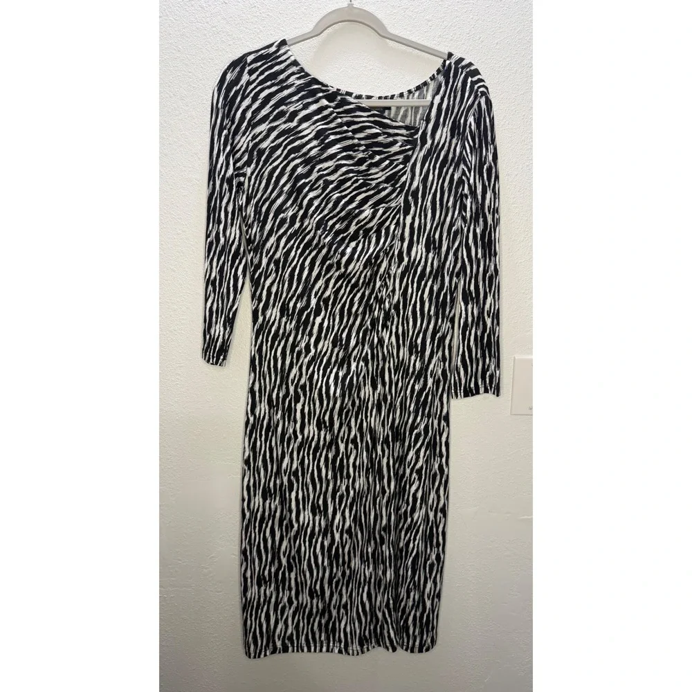 Pendleton Womens Black White Zebra Print Asymmetrical Neck Sheath Dress L